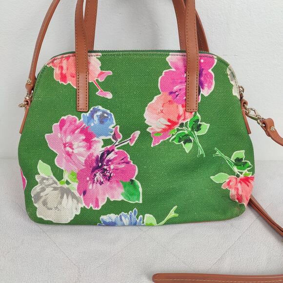 Kate‎ Spade Floral Canvas Bag Green Top Handle Shoulder Strap Satchel Preppy Bow - Picture 5 of 9